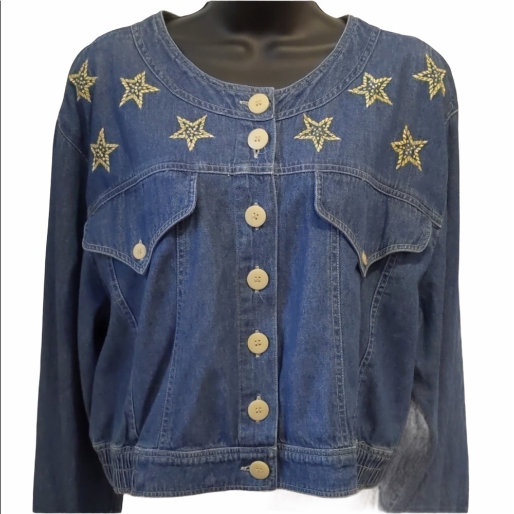 Vintage Cropped Blue  Jean Jacket Size 14 Gold Embroidered Stars Denim Plus Size